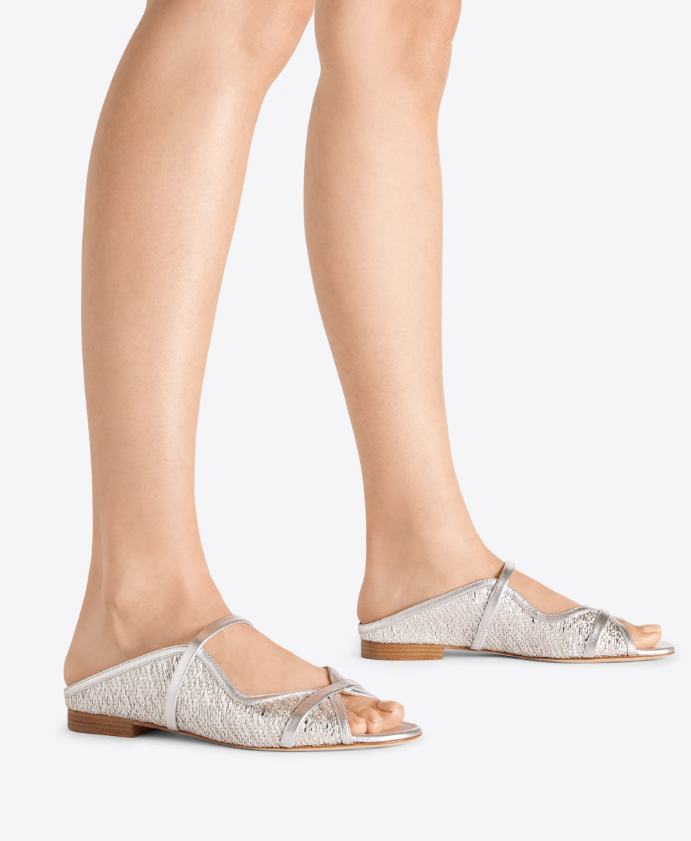 Norah Silver Metallic Raffia Flat Sandals Malone Souliers