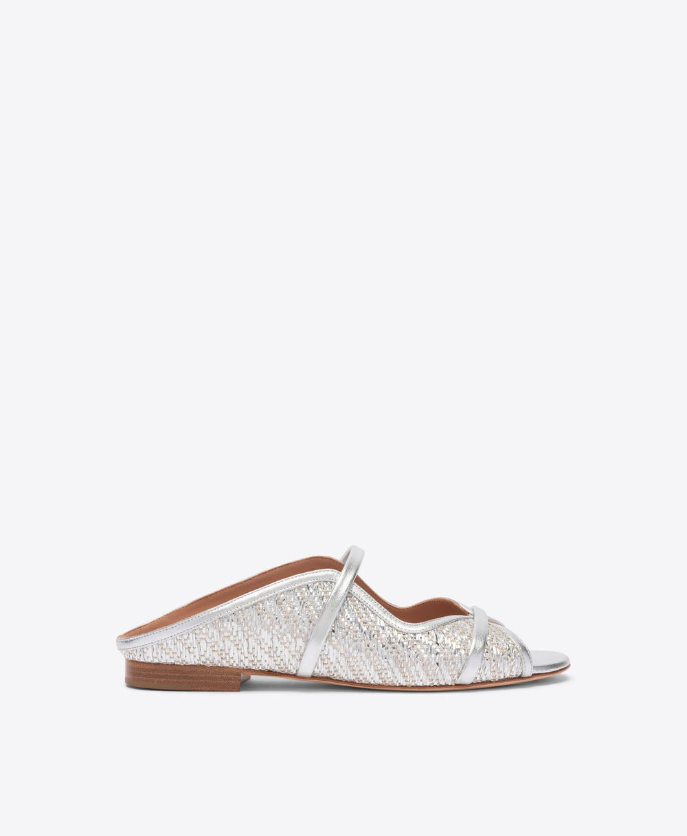 Norah Silver Metallic Raffia Flat Sandals Malone Souliers