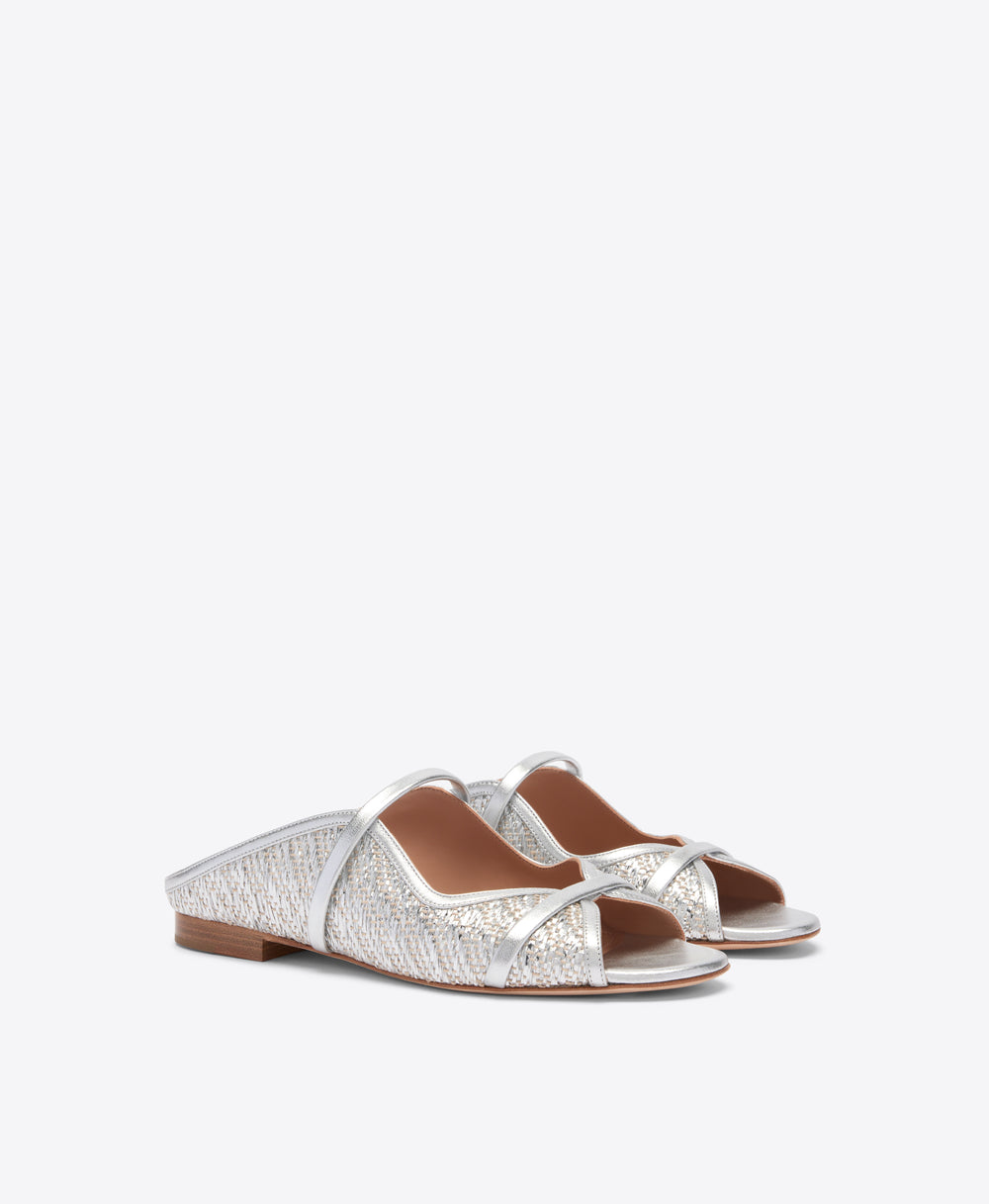 Norah Silver Metallic Raffia Flat Sandals Malone Souliers
