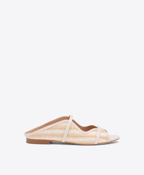 Norah White Stripe Raffia Flat Sandals | Malone Souliers