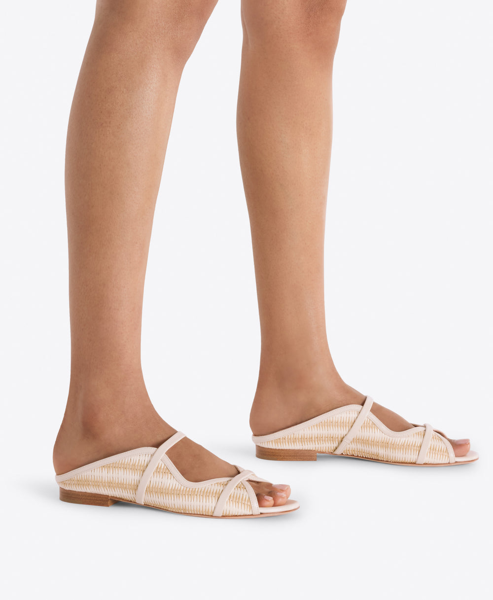 Norah White Stripe Raffia Flat Sandals Malone Souliers