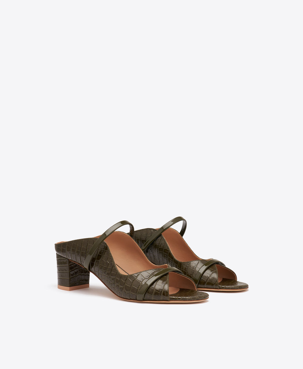 Norah 45 Dark Green Croc-Embossed Leather Sandals Malone Souliers