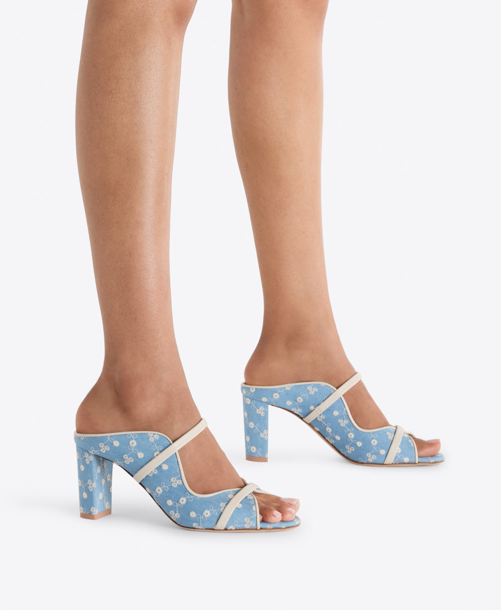 Norah 70 Blue Floral Denim Heeled Sandals Malone Souliers