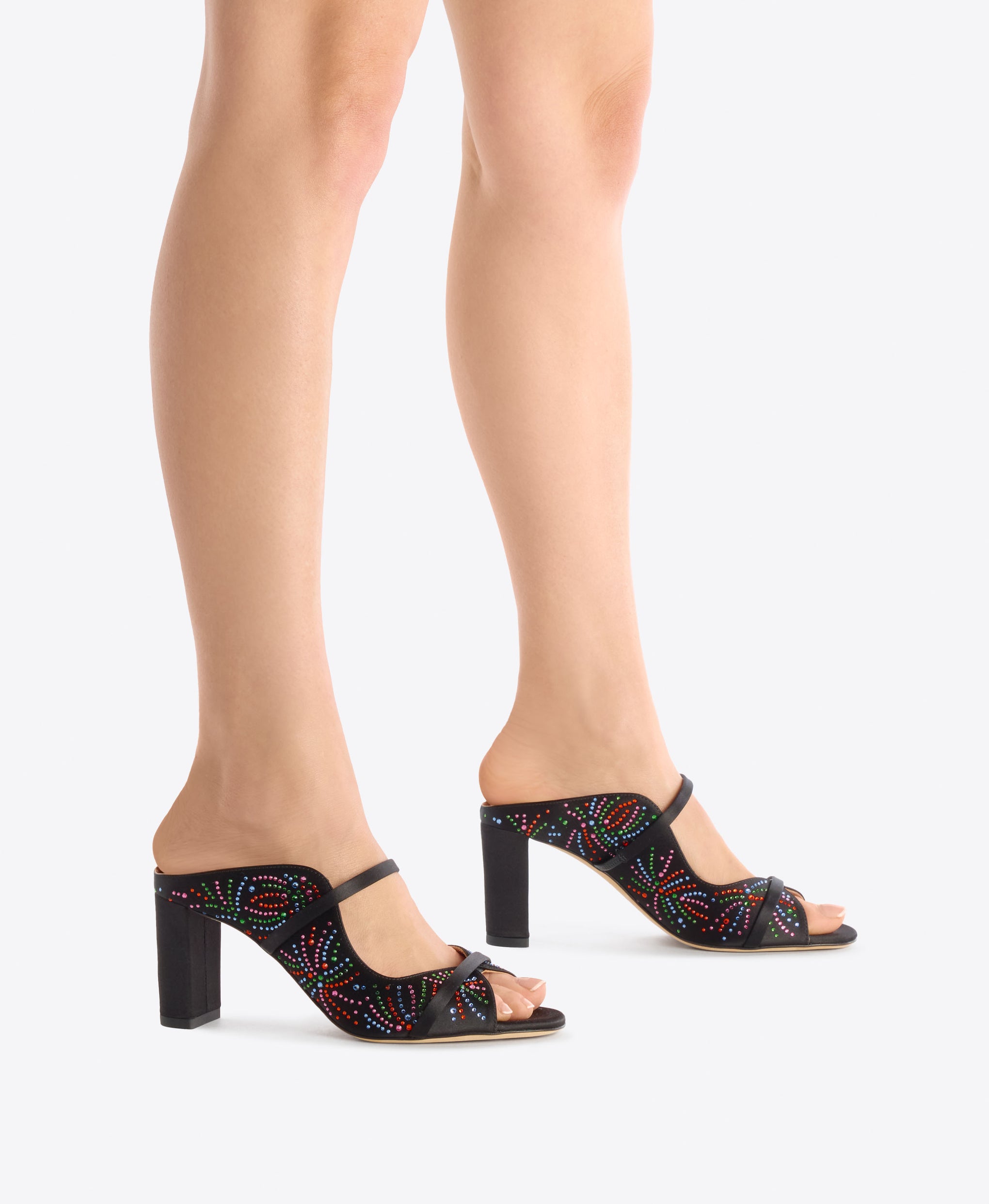 Norah 70 Black Multicolour Crystal-Embellished Satin Block Heel Sandals Malone Souliers