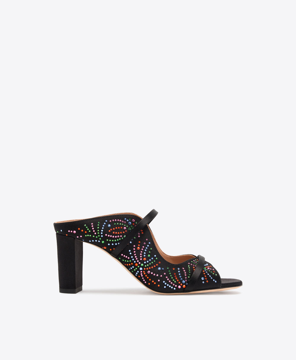 Norah 70 Black Multicolour Crystal-Embellished Satin Block Heel Sandals Malone Souliers