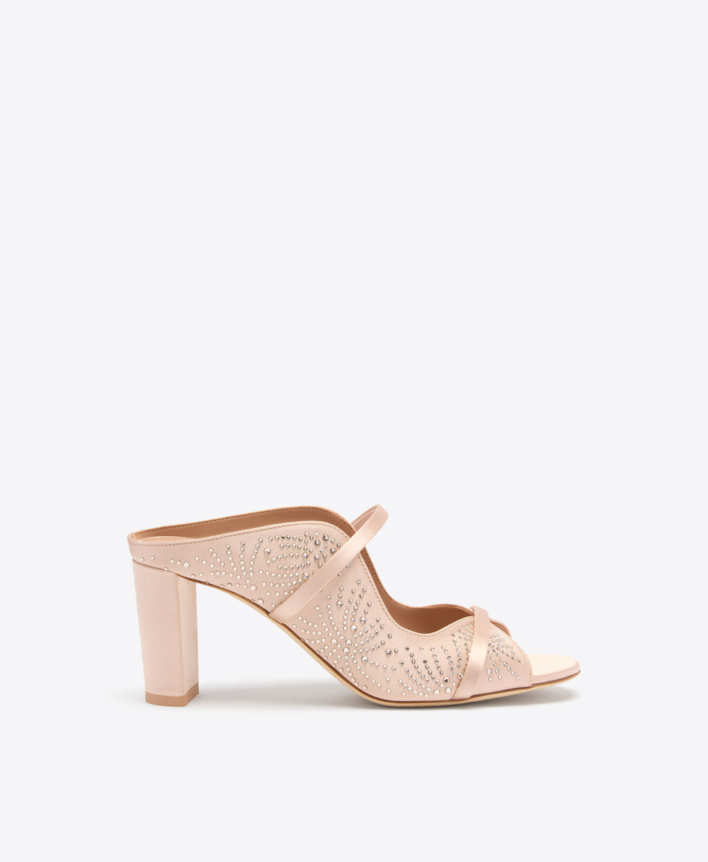 Norah 70 Champagne Crystal-Embellished Satin Block Heel Sandals | Malone Souliers