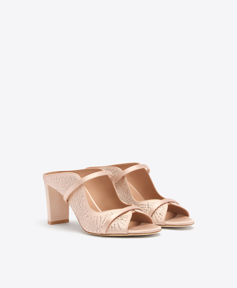 Norah 70 Champagne Crystal-Embellished Satin Block Heel Sandals | Malone Souliers