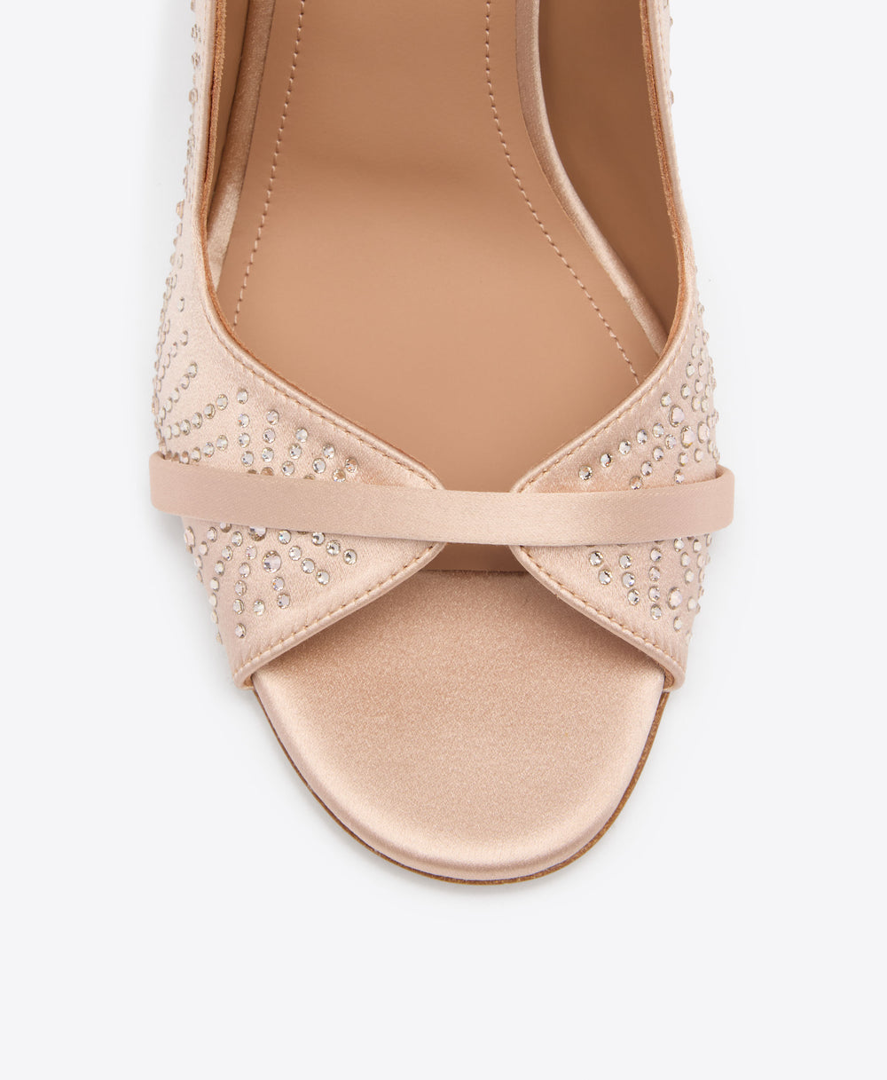 Norah 70 Champagne Crystal-Embellished Satin Block Heel Sandals | Malone Souliers