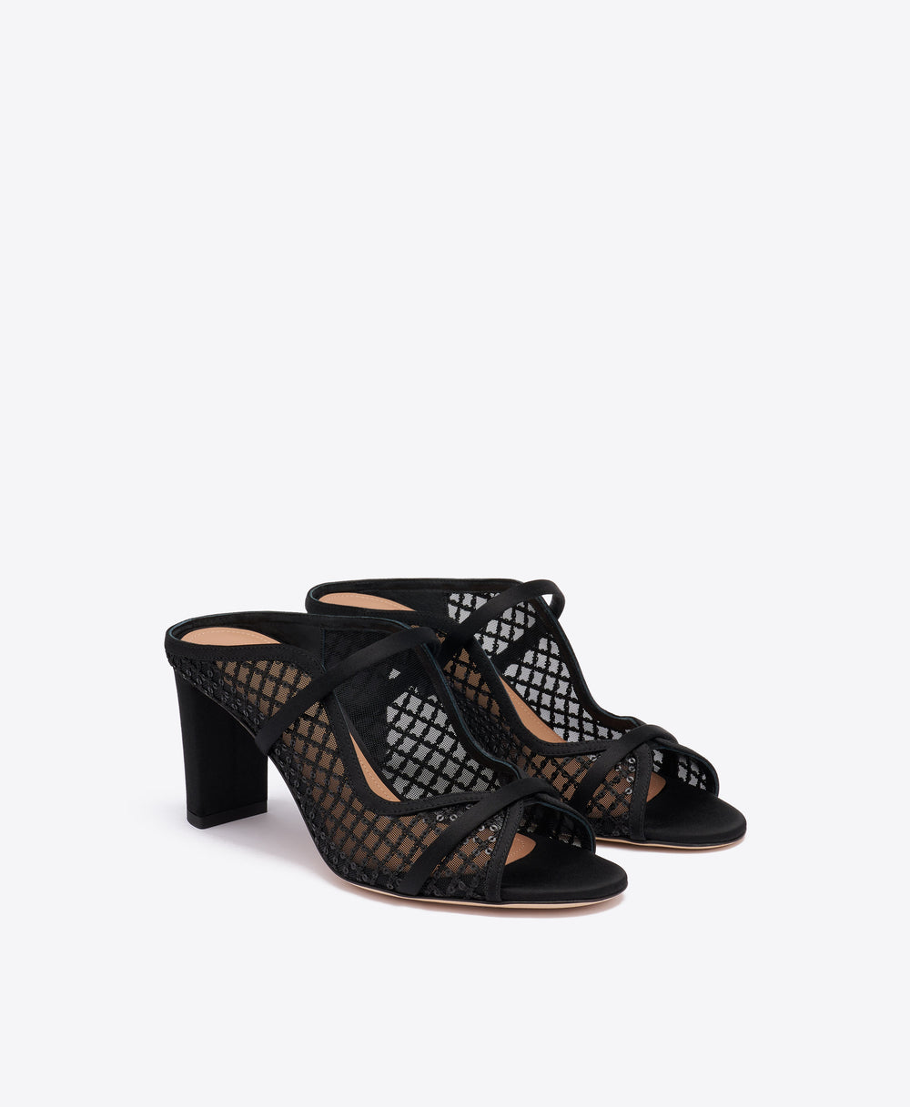 Norah 70 Black Sequin Mesh Sandals with Block Heel Malone Souliers