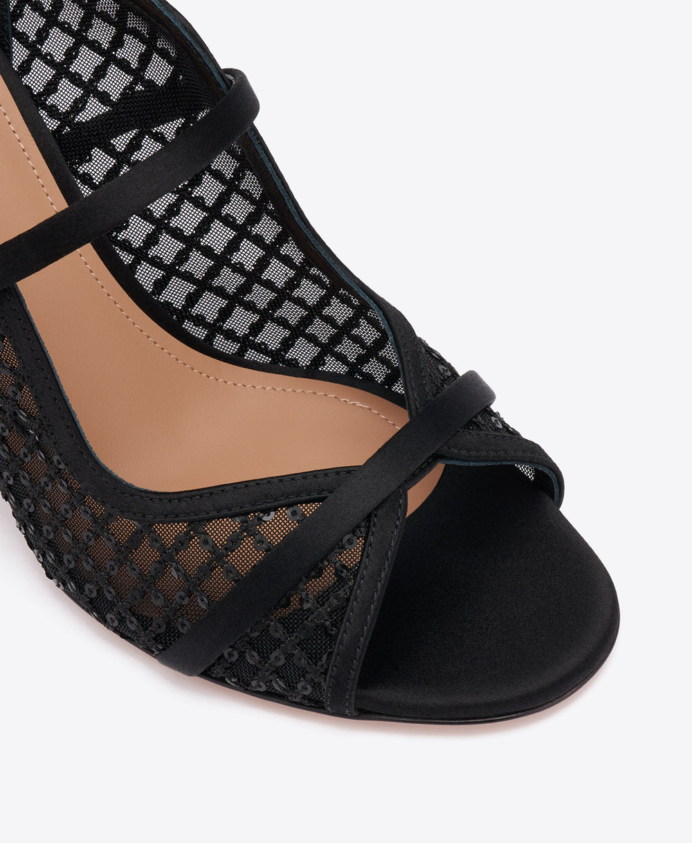 Norah 70 Black Sequin Mesh Sandals with Block Heel Malone Souliers