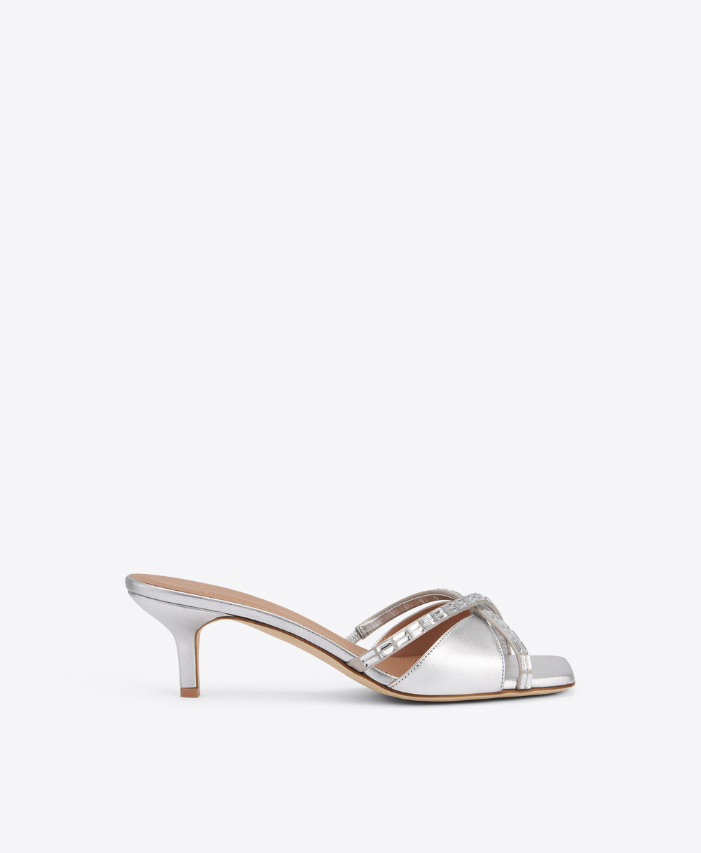 Penn 45 Silver Crystal-Embellished Leather Kitten Heel Sandals Malone Souliers