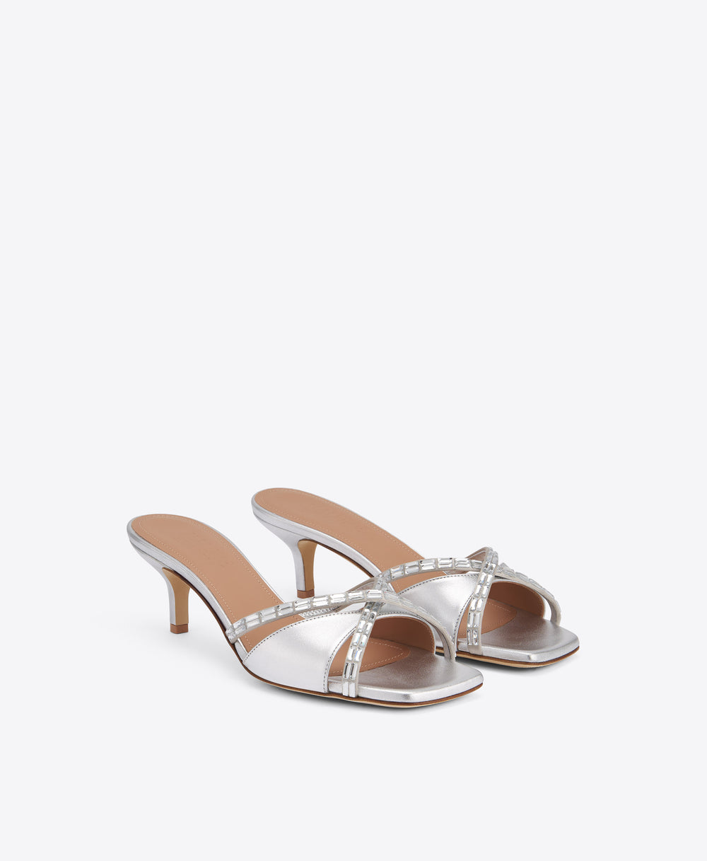 Penn 45 Silver Crystal-Embellished Leather Kitten Heel Sandals Malone Souliers