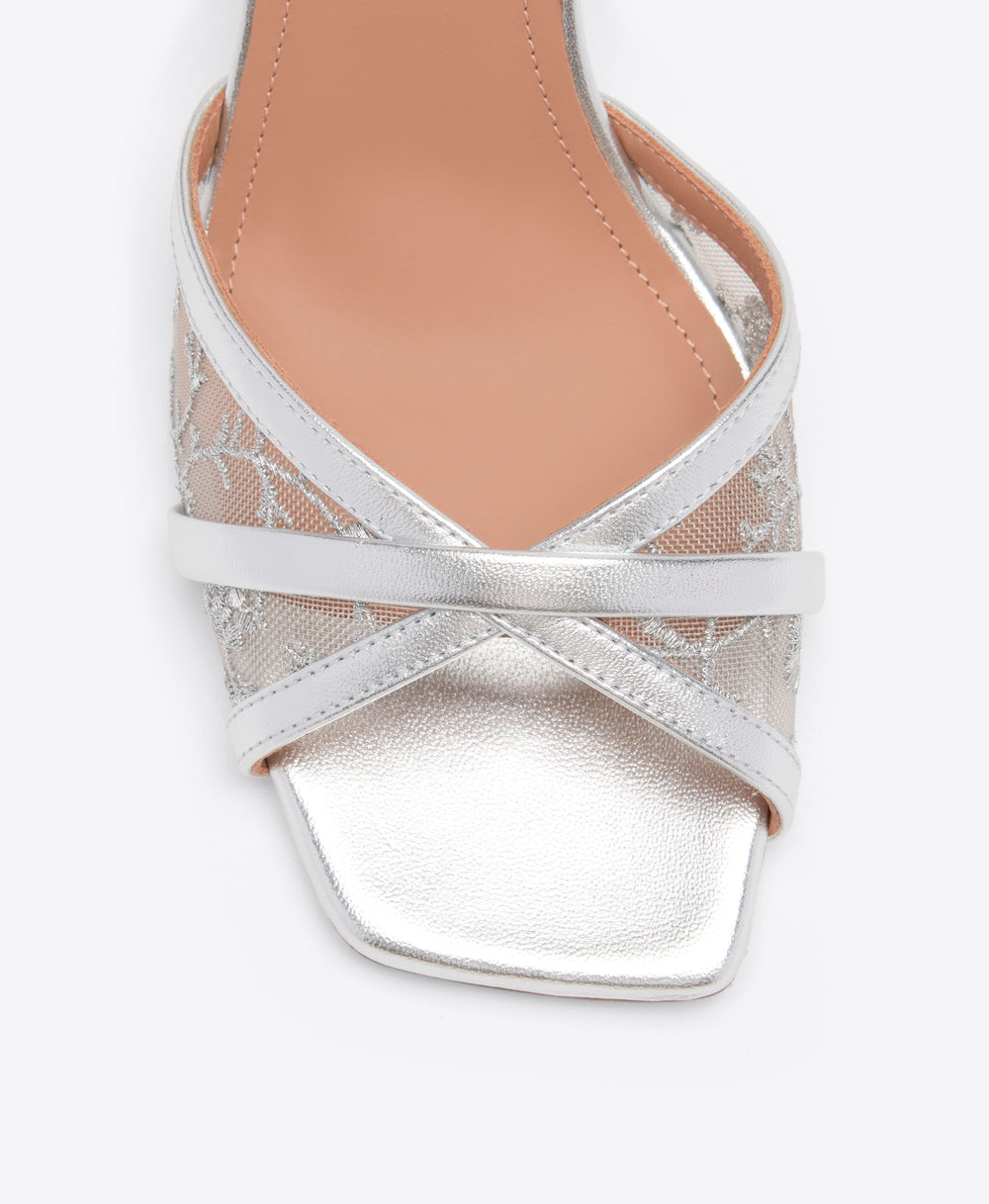 Malone Souliers Perla 70 Silver Embroidered Mesh Heeled Sandals Ramadan Exclusive