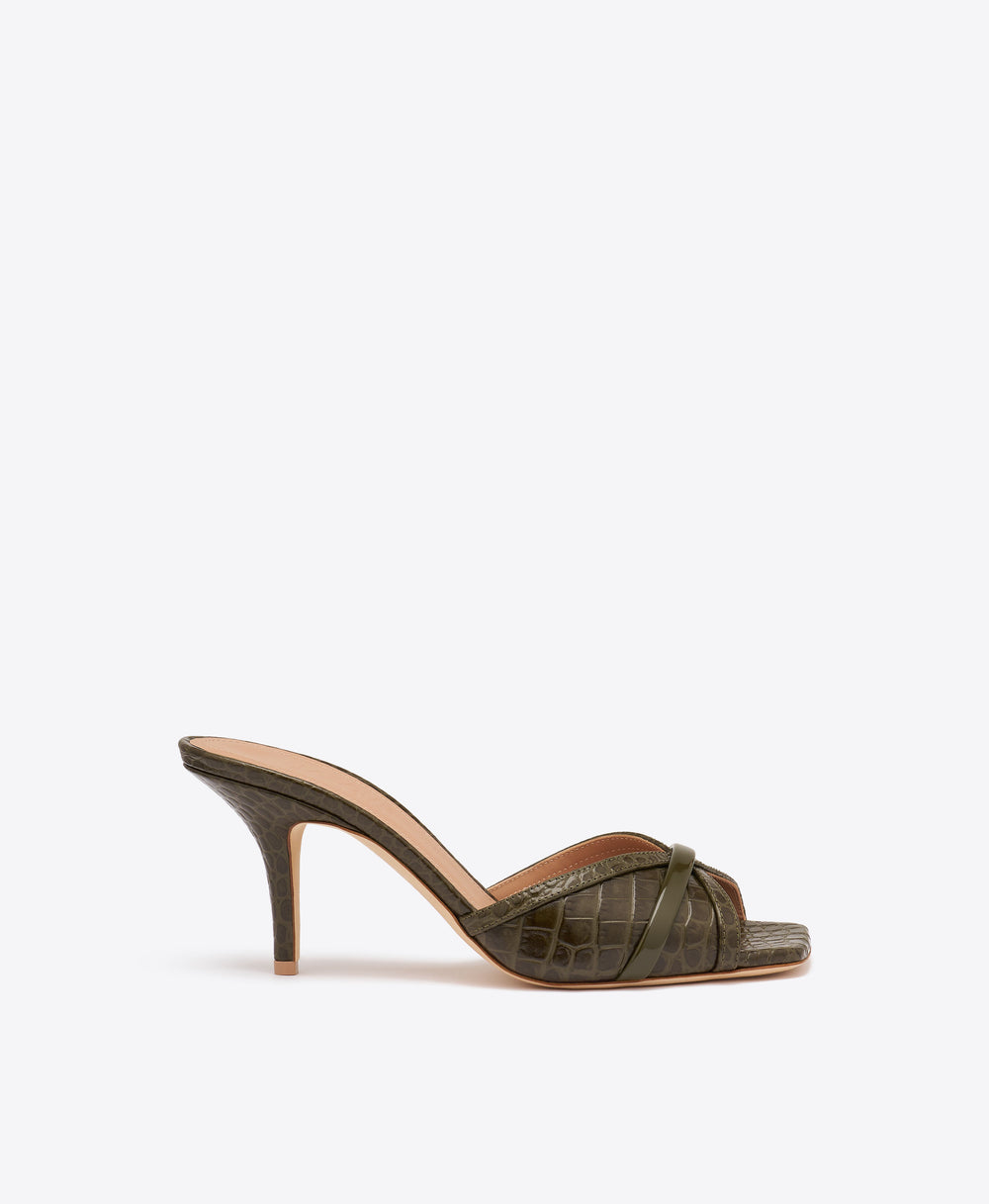 Perla 70 Dark Green Croc-Embossed Leather Sandals Malone Souliers