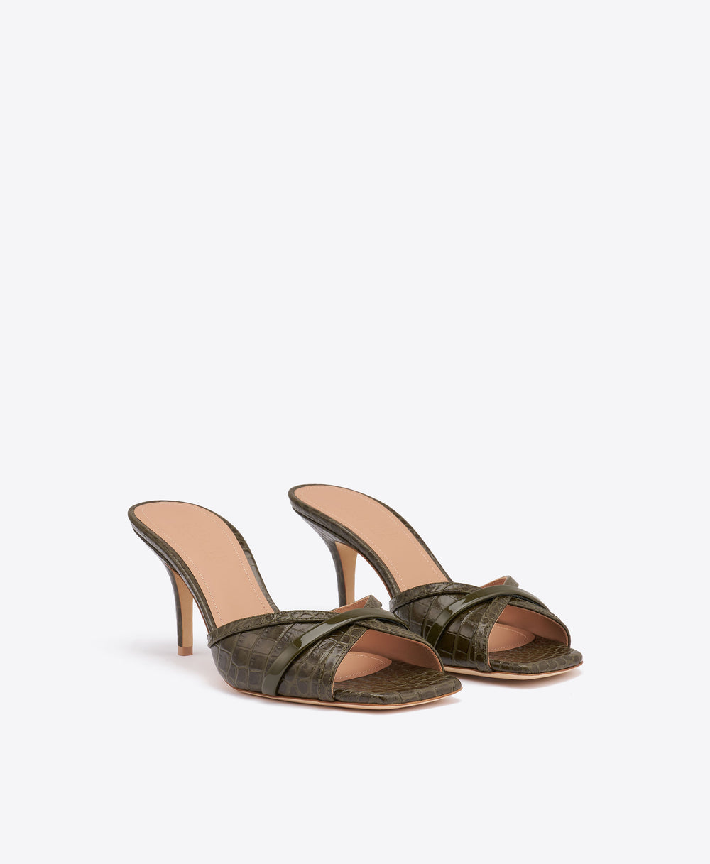 Perla 70 Dark Green Croc-Embossed Leather Sandals Malone Souliers