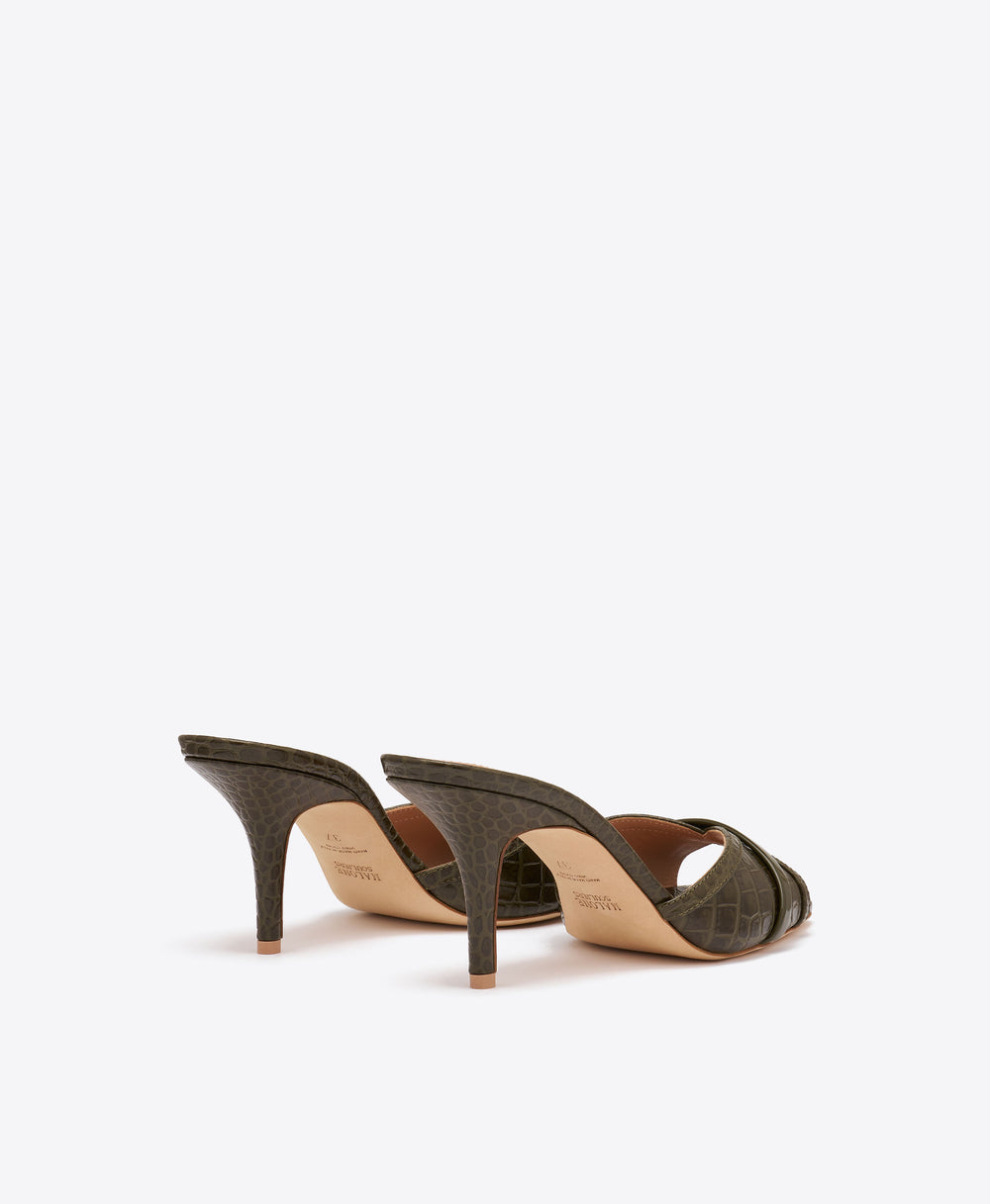 Perla 70 Dark Green Croc-Embossed Leather Sandals Malone Souliers