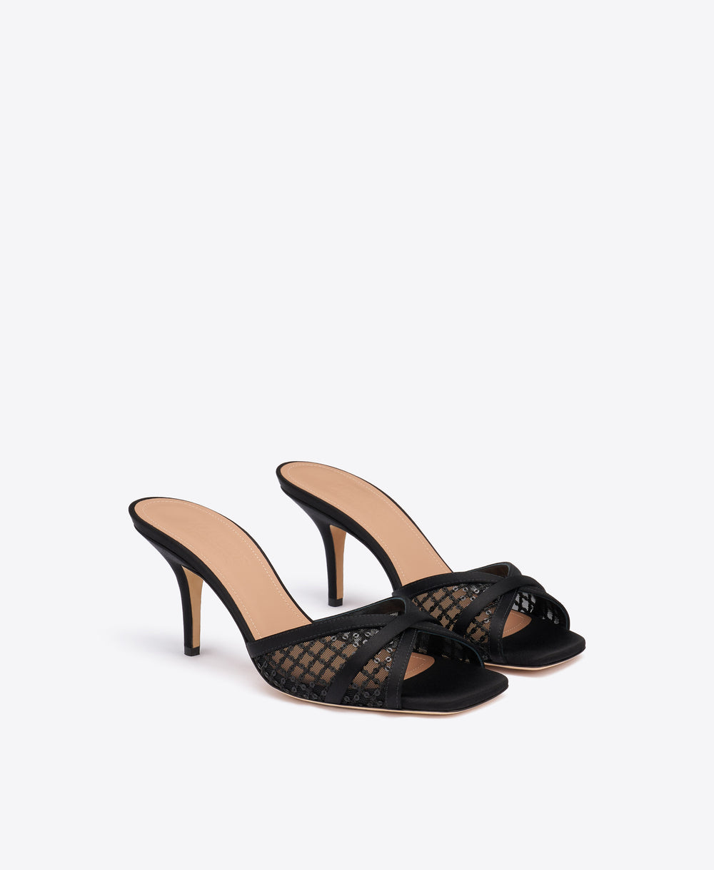 Perla 70 Black Sequin Mesh Sandals Malone Souliers