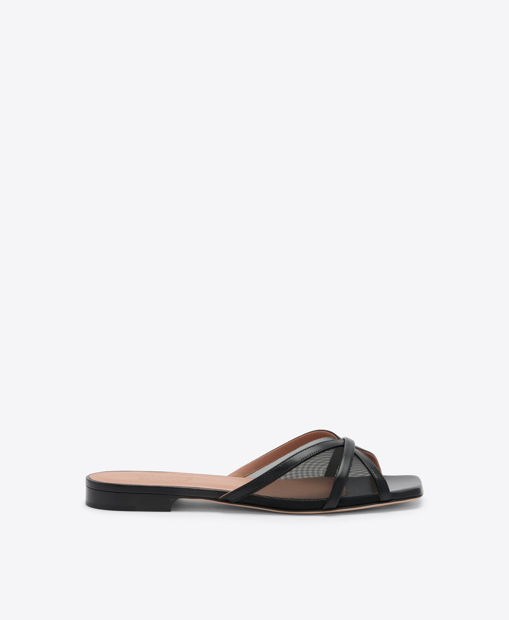 Perla Black Mesh Flat Sandals Malone Souliers