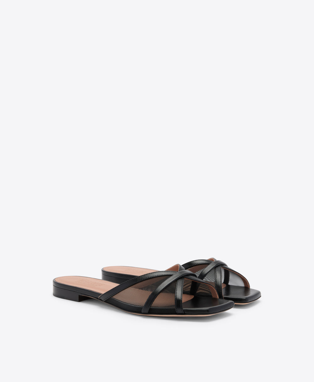 Perla Black Mesh Flat Sandals Malone Souliers