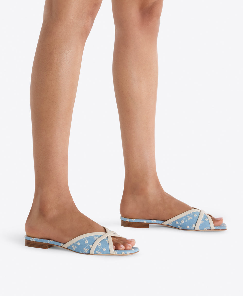 Perla Blue Floral Denim Flat Sandals Malone Souliers
