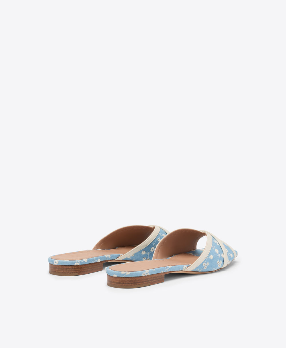 Perla Blue Floral Denim Flat Sandals Malone Souliers