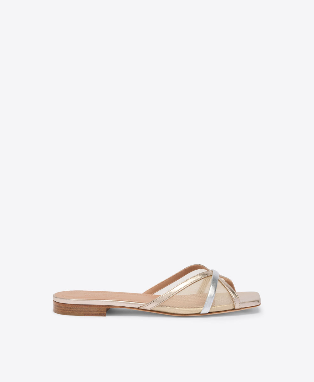 Perla Champagne & Silver Mesh Flat Sandals Malone Souliers