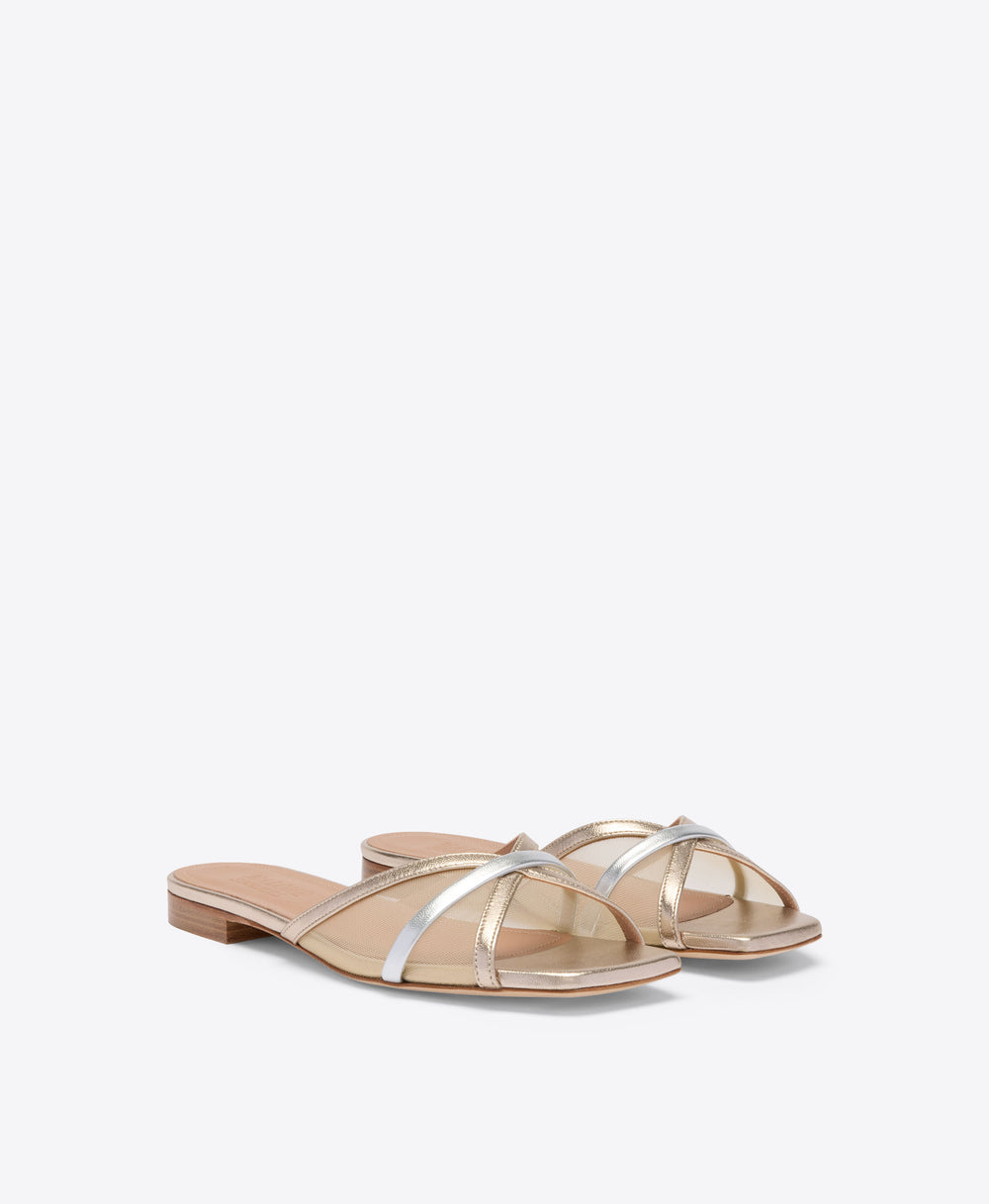 Perla Champagne & Silver Mesh Flat Sandals Malone Souliers