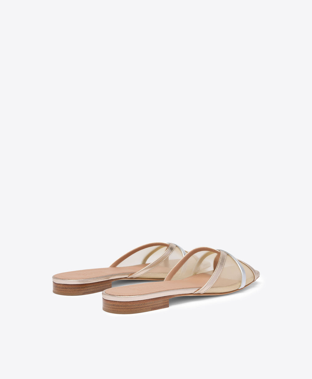Perla Champagne & Silver Mesh Flat Sandals Malone Souliers