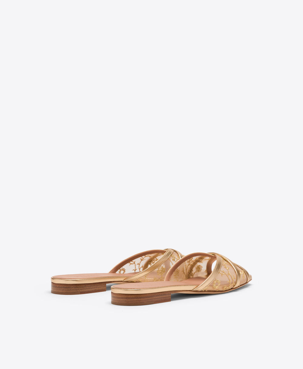 Malone Souliers Perla Gold Embroidered Mesh Flat Sandals Ramadan Exclusive