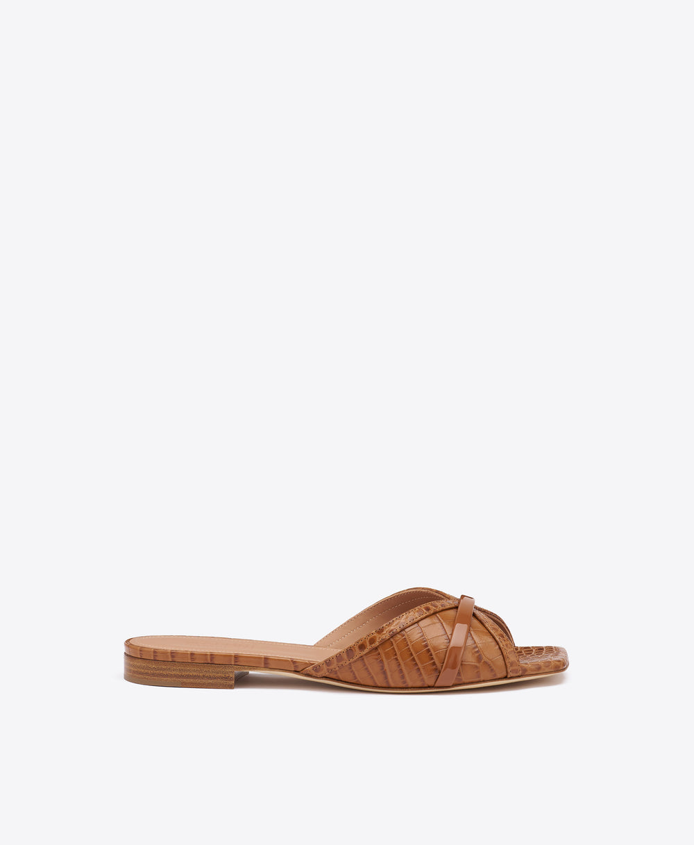 Perla Brown Croc-Embossed Leather Flat Sandals Malone Souliers