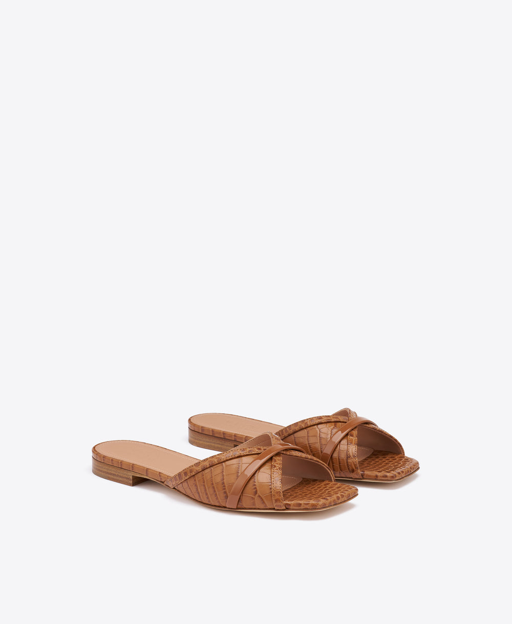 Perla Brown Croc-Embossed Leather Flat Sandals Malone Souliers