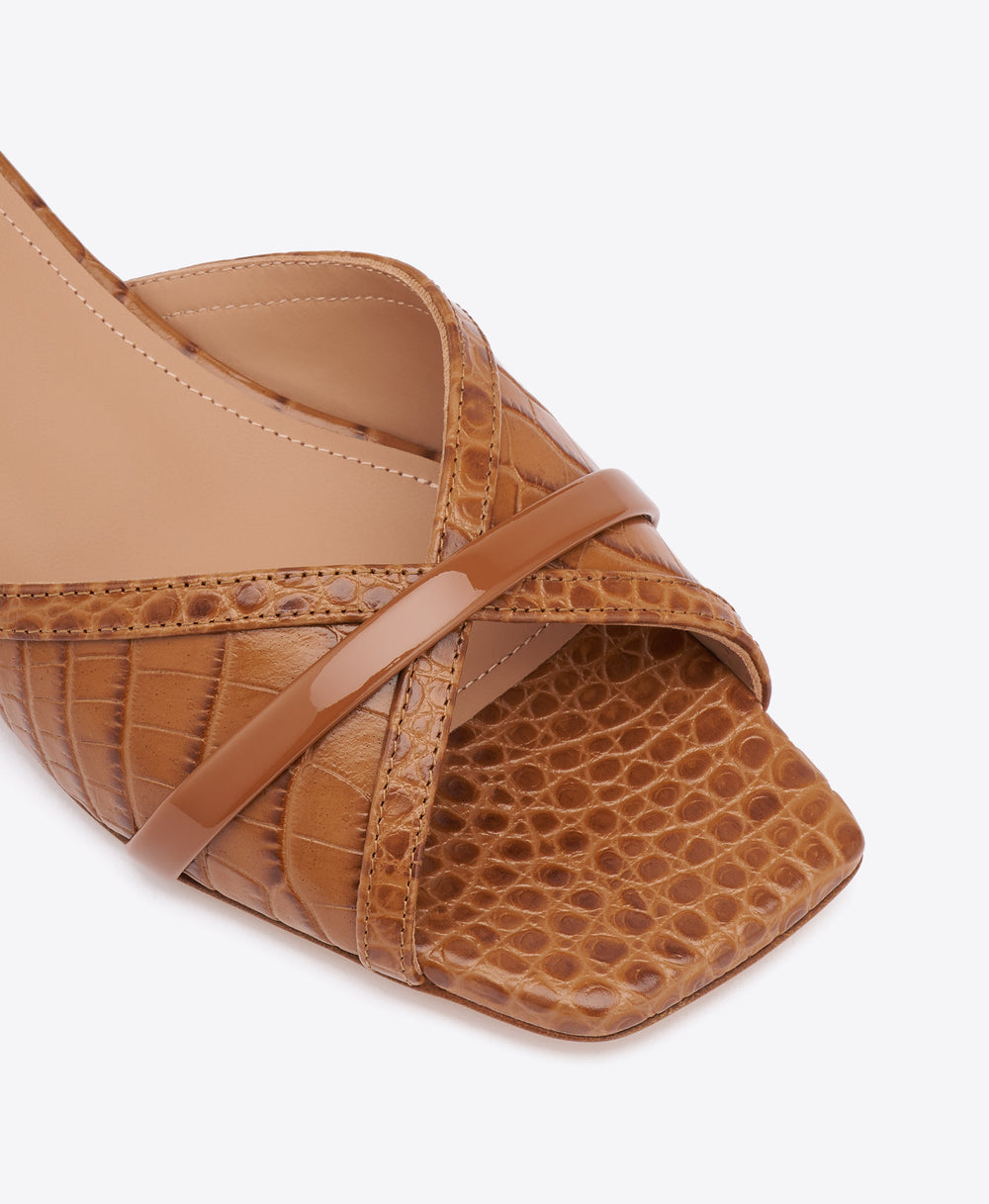 Perla Brown Croc-Embossed Leather Flat Sandals Malone Souliers