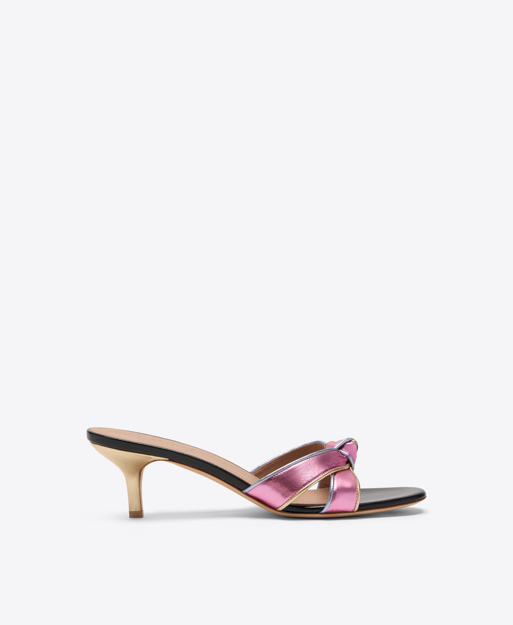 Raquel 45 Pink Knotted Metallic Leather Heeled Sandals Malone Souliers