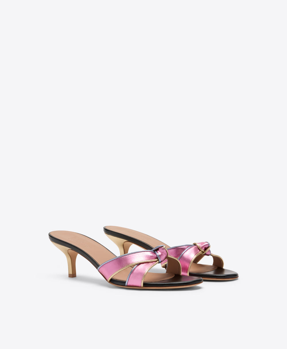 Raquel 45 Pink Knotted Metallic Leather Heeled Sandals Malone Souliers