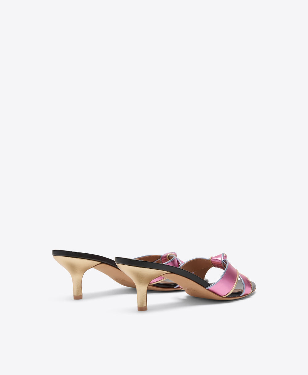 Raquel 45 Pink Knotted Metallic Leather Heeled Sandals Malone Souliers