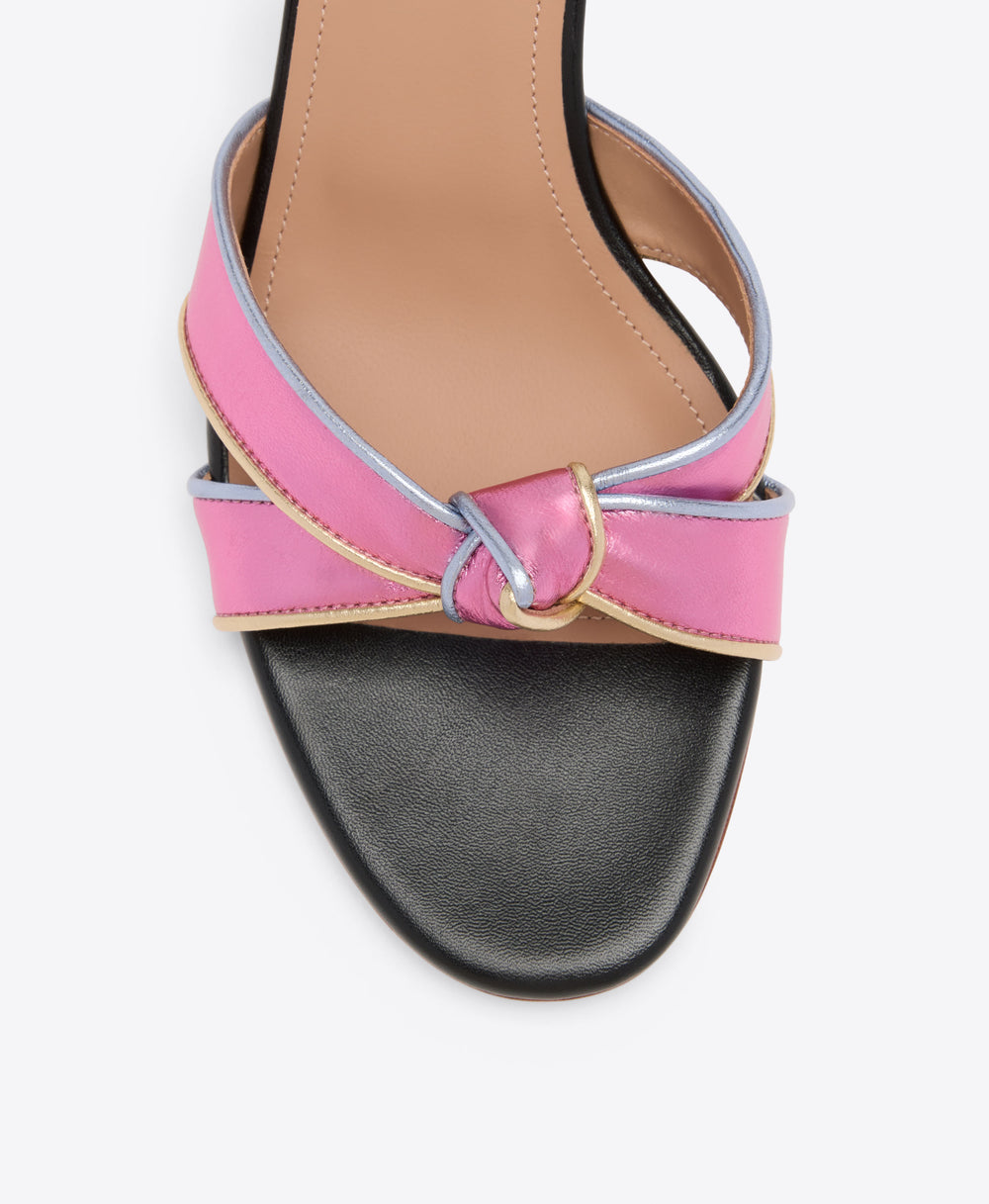 Raquel 45 Pink Knotted Metallic Leather Heeled Sandals Malone Souliers