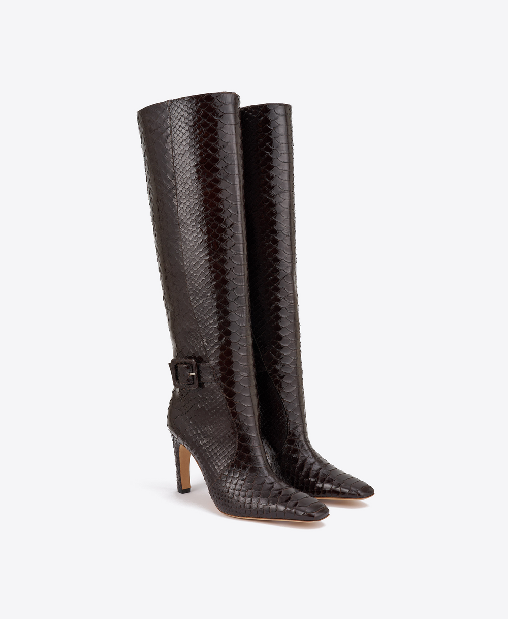 Raven 90 Dark Brown Embossed Leather Tall Boots
