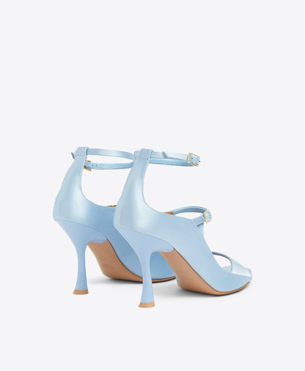 Riley 90 Baby Blue Satin Heeled Sandals | Malone Souliers