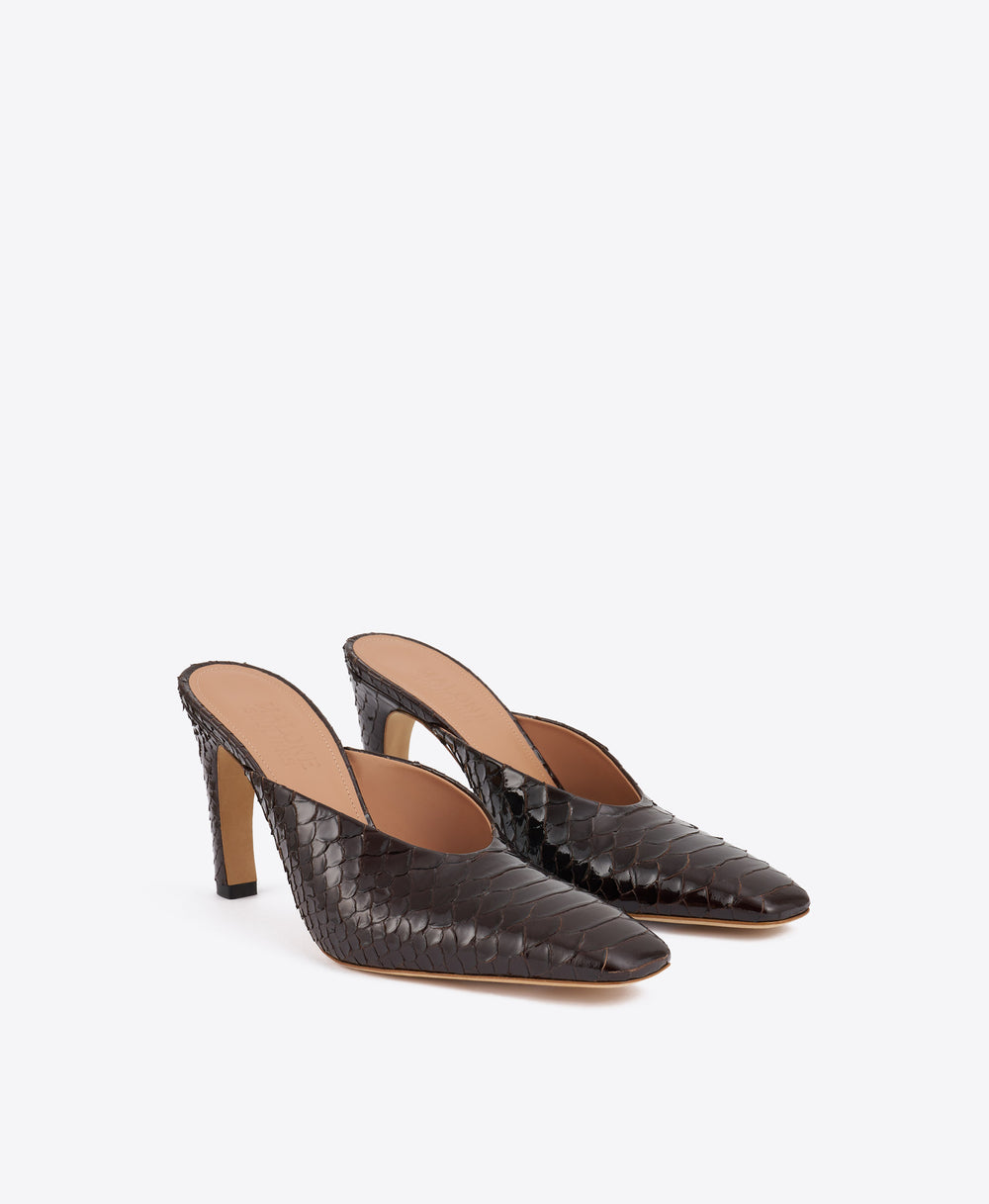 Rowe 90 Dark Brown Embossed Leather Mules