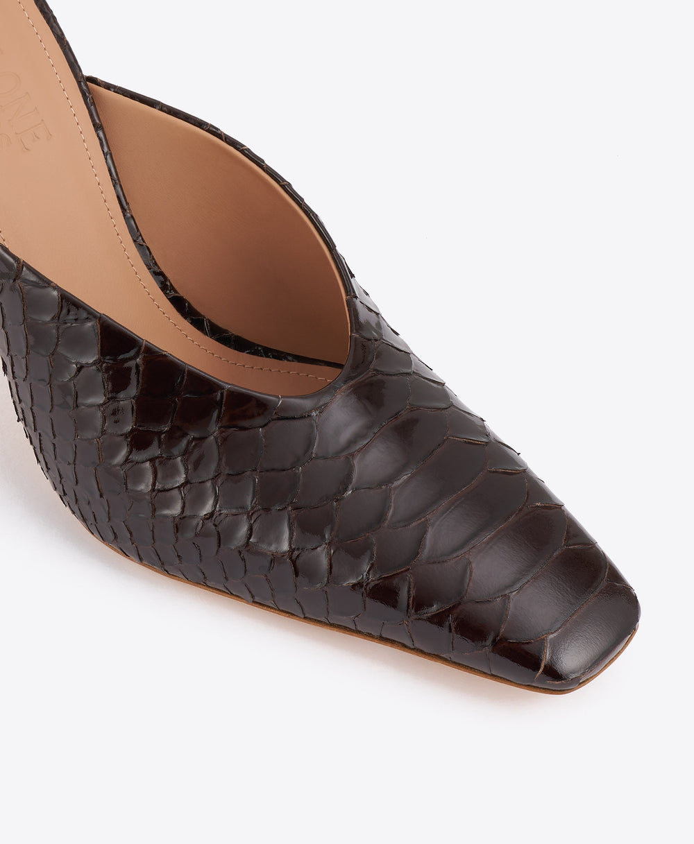 Rowe 90 Dark Brown Embossed Leather Mules