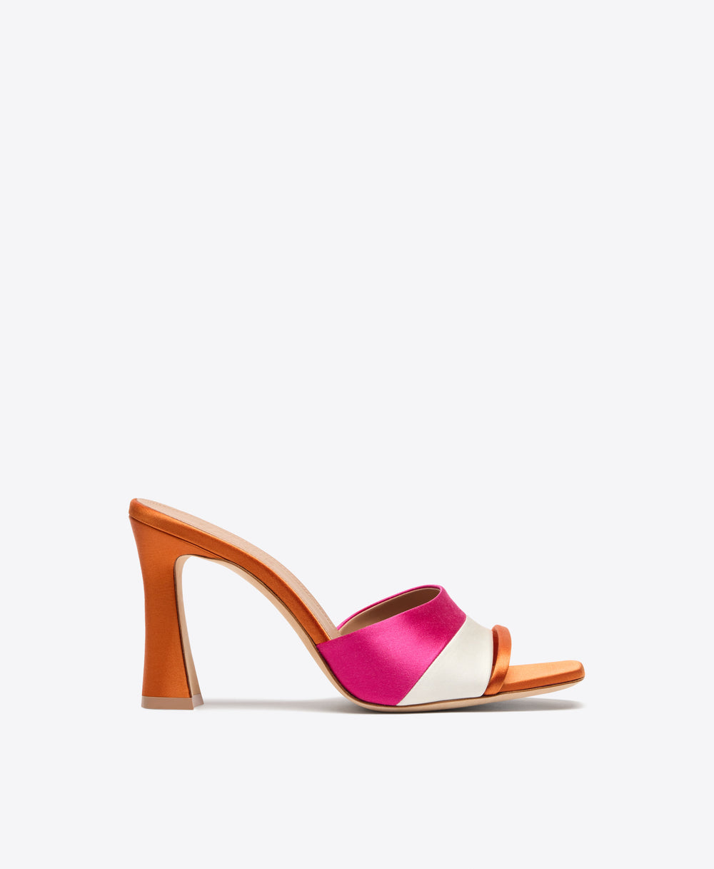 Roxanne 90 Orange & Pink Satin Block Heel Sandals Malone Souliers