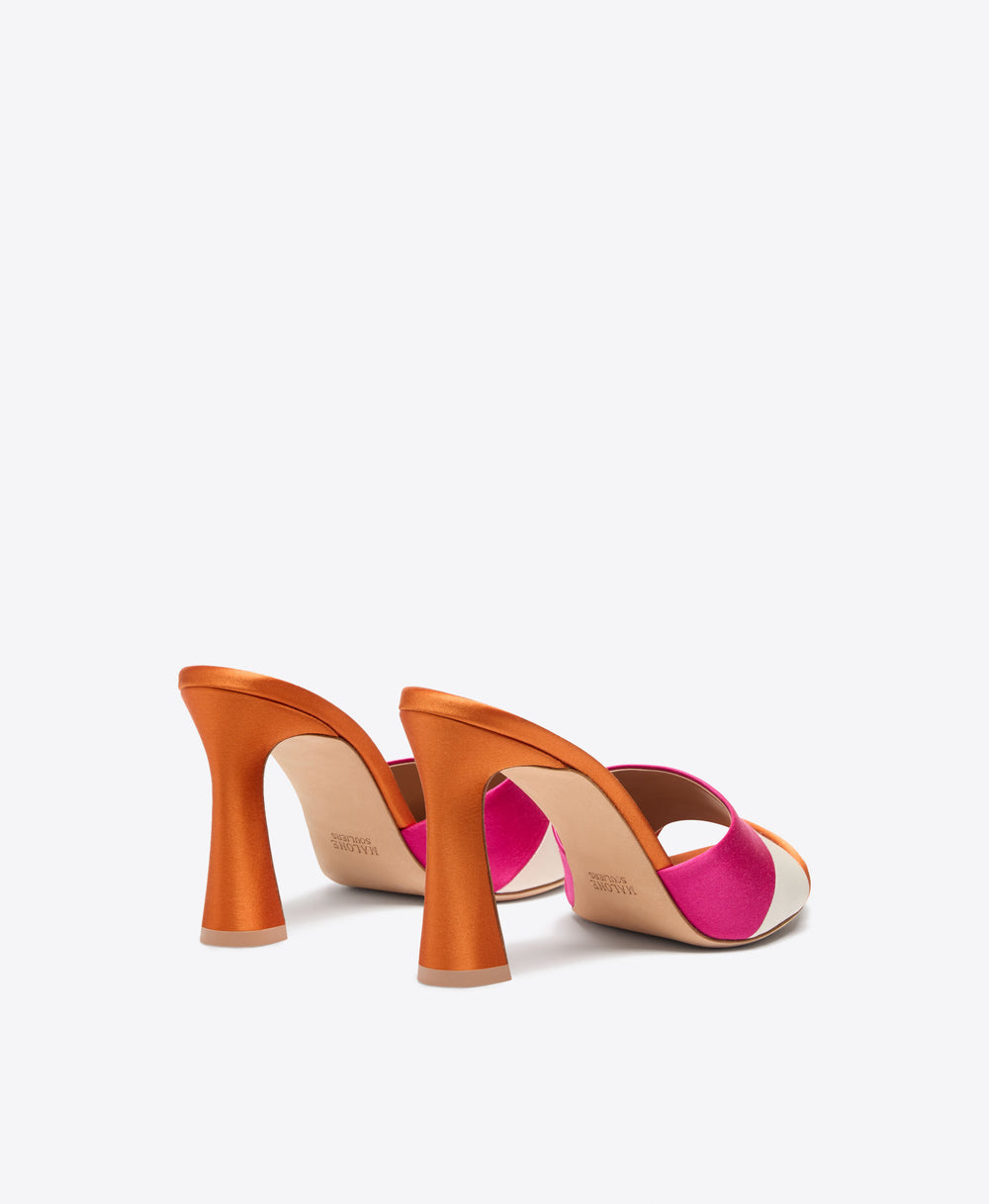 Roxanne 90 Orange & Pink Satin Block Heel Sandals Malone Souliers