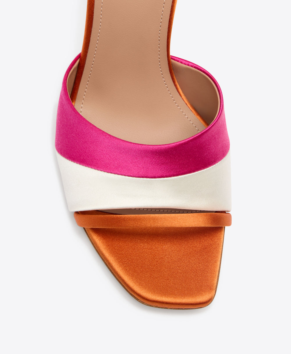 Roxanne 90 Orange & Pink Satin Block Heel Sandals Malone Souliers