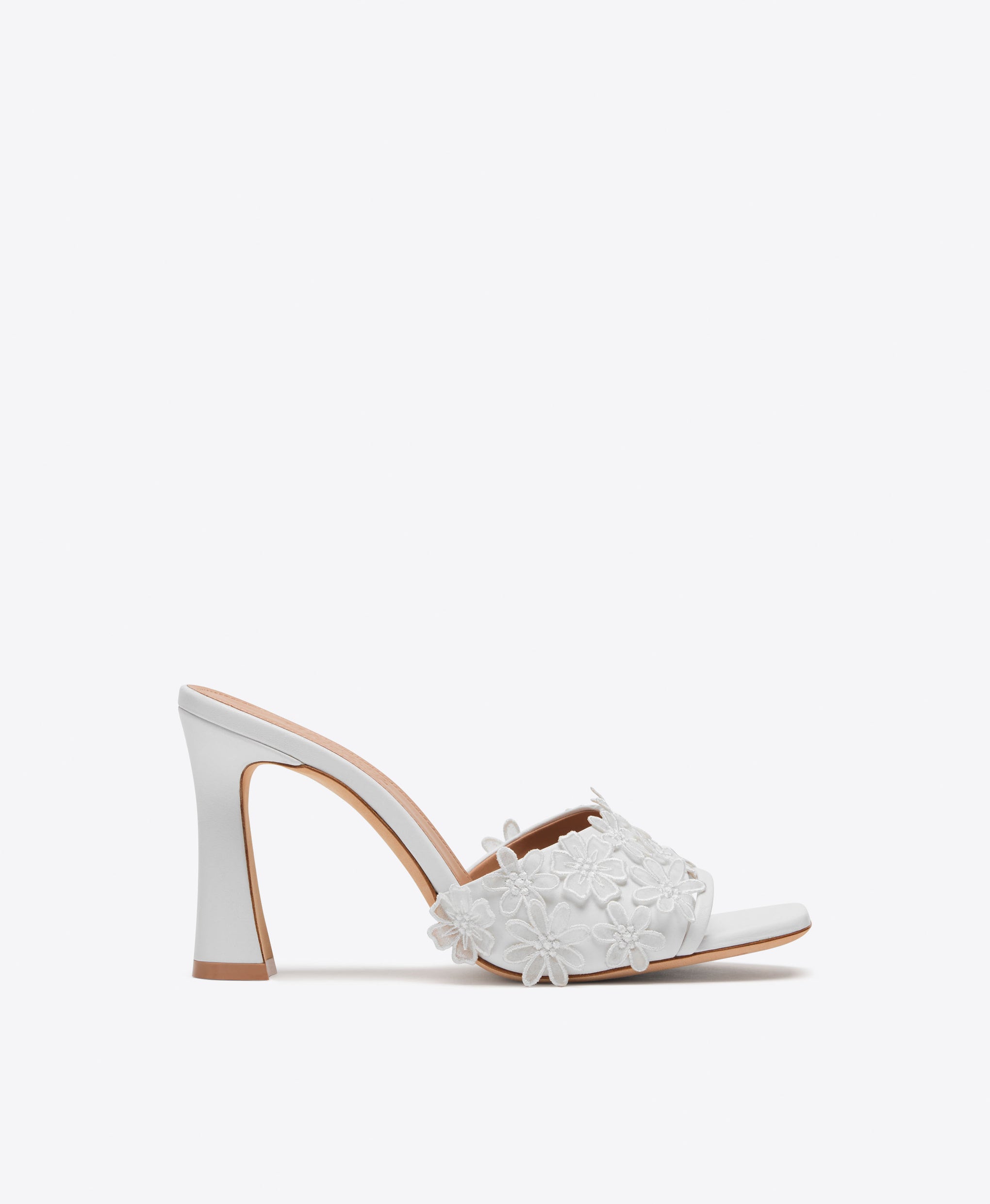 Roxanne 90 White Leather Block Sandals with Flower Embellishments Bridal Malone Souliers