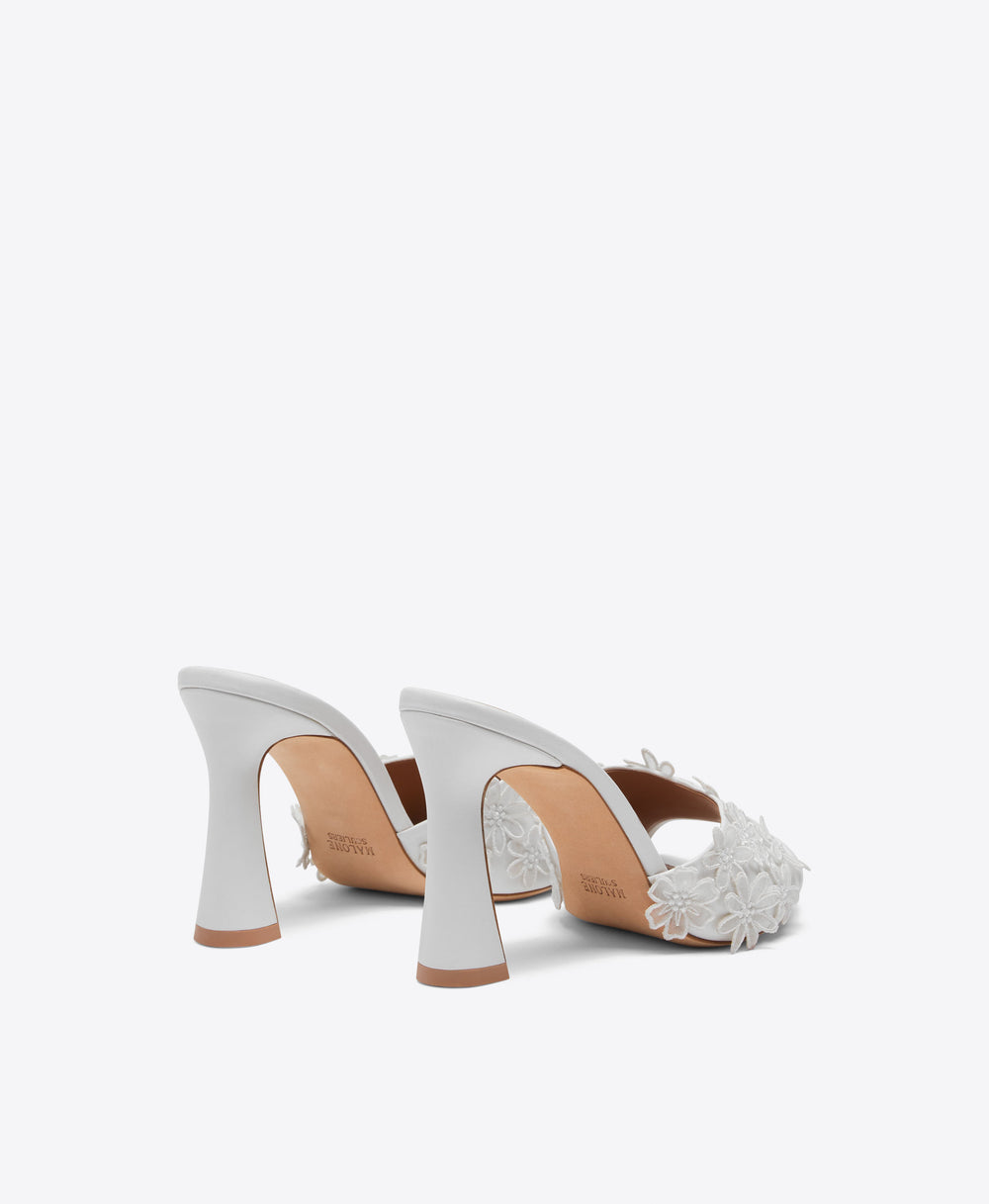 Roxanne 90 White Leather Block Sandals with Flower Embellishments Bridal Malone Souliers