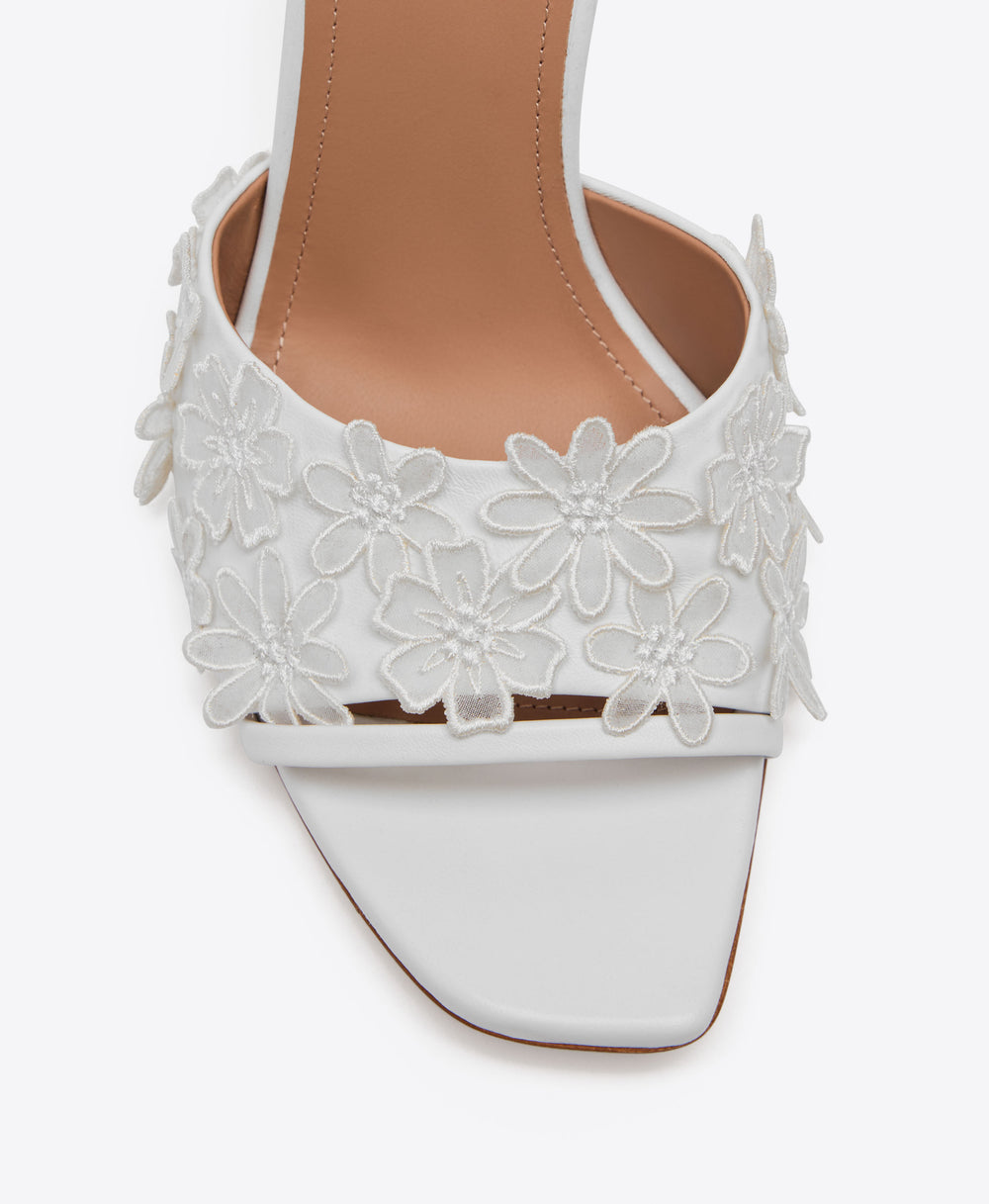 Roxanne 90 White Leather Block Sandals with Flower Embellishments Bridal Malone Souliers