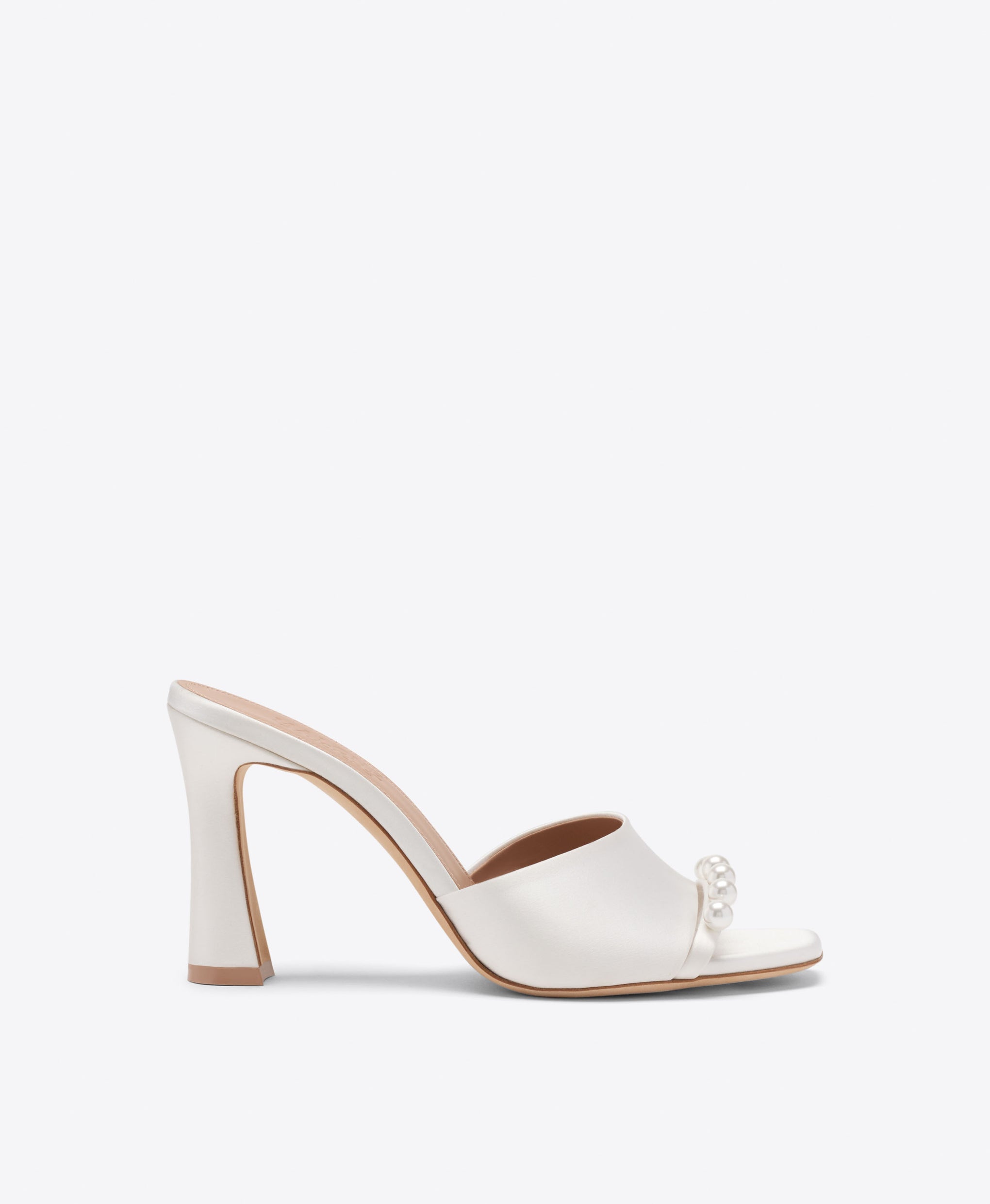 Malone Souliers Bridal Roxanne 90 White Satin Sandals with Pearl Embellishments