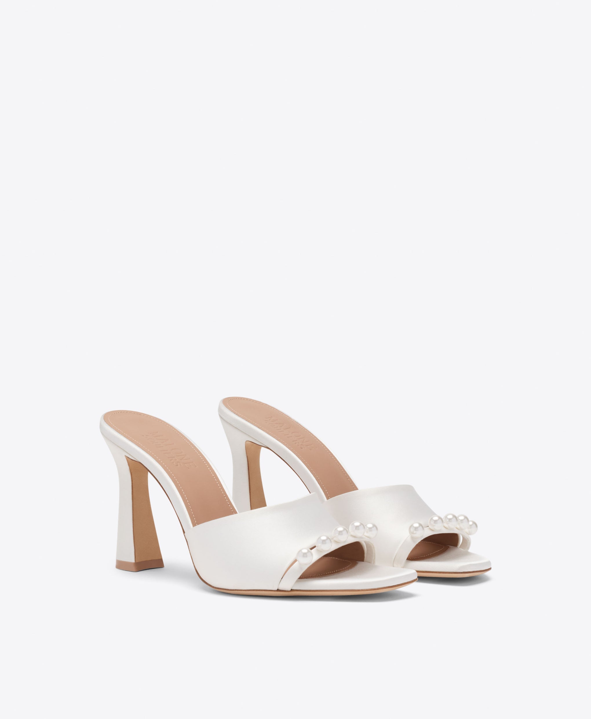 Malone Souliers Bridal Roxanne 90 White Satin Sandals with Pearl Embellishments