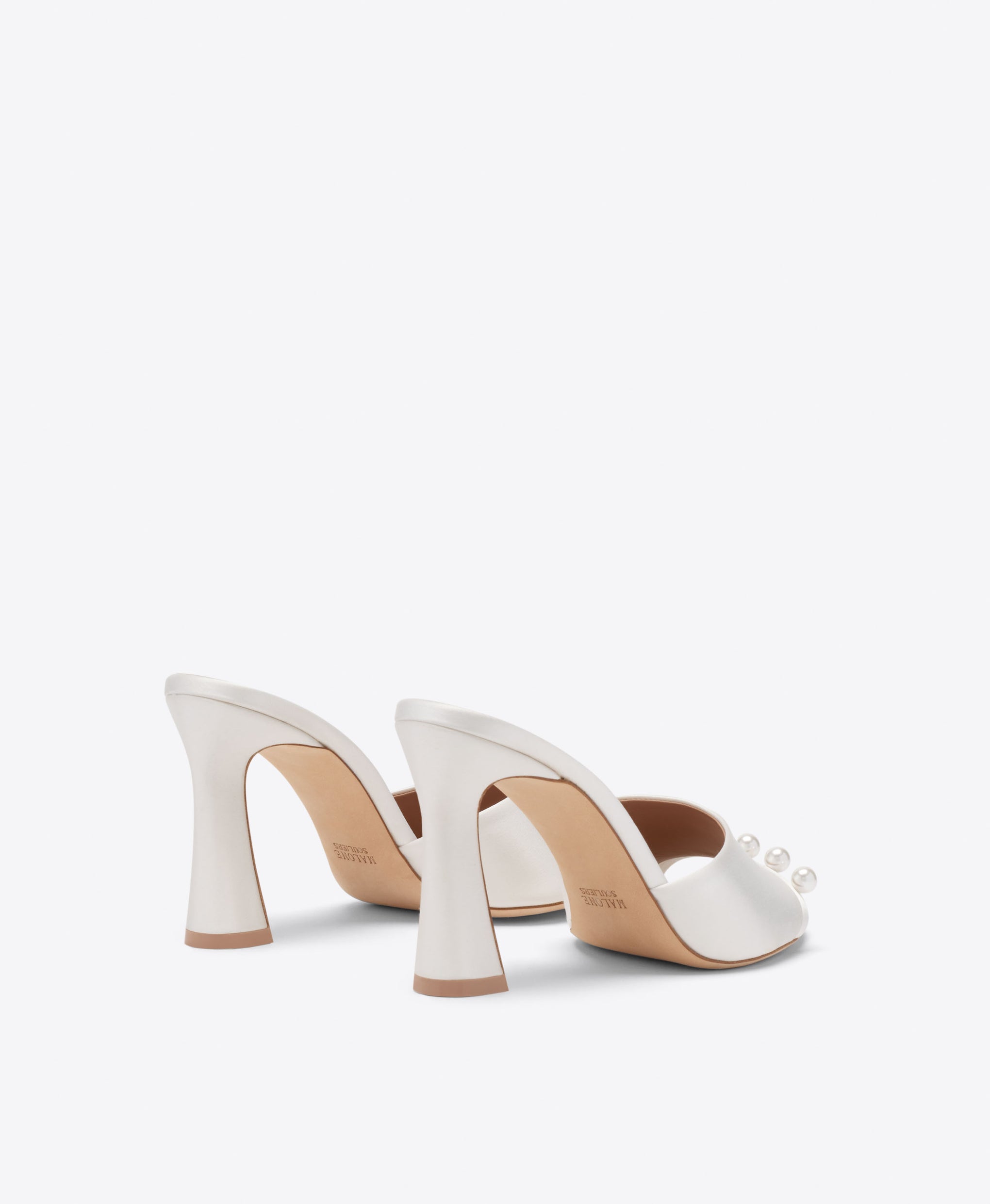 Malone Souliers Bridal Roxanne 90 White Satin Sandals with Pearl Embellishments