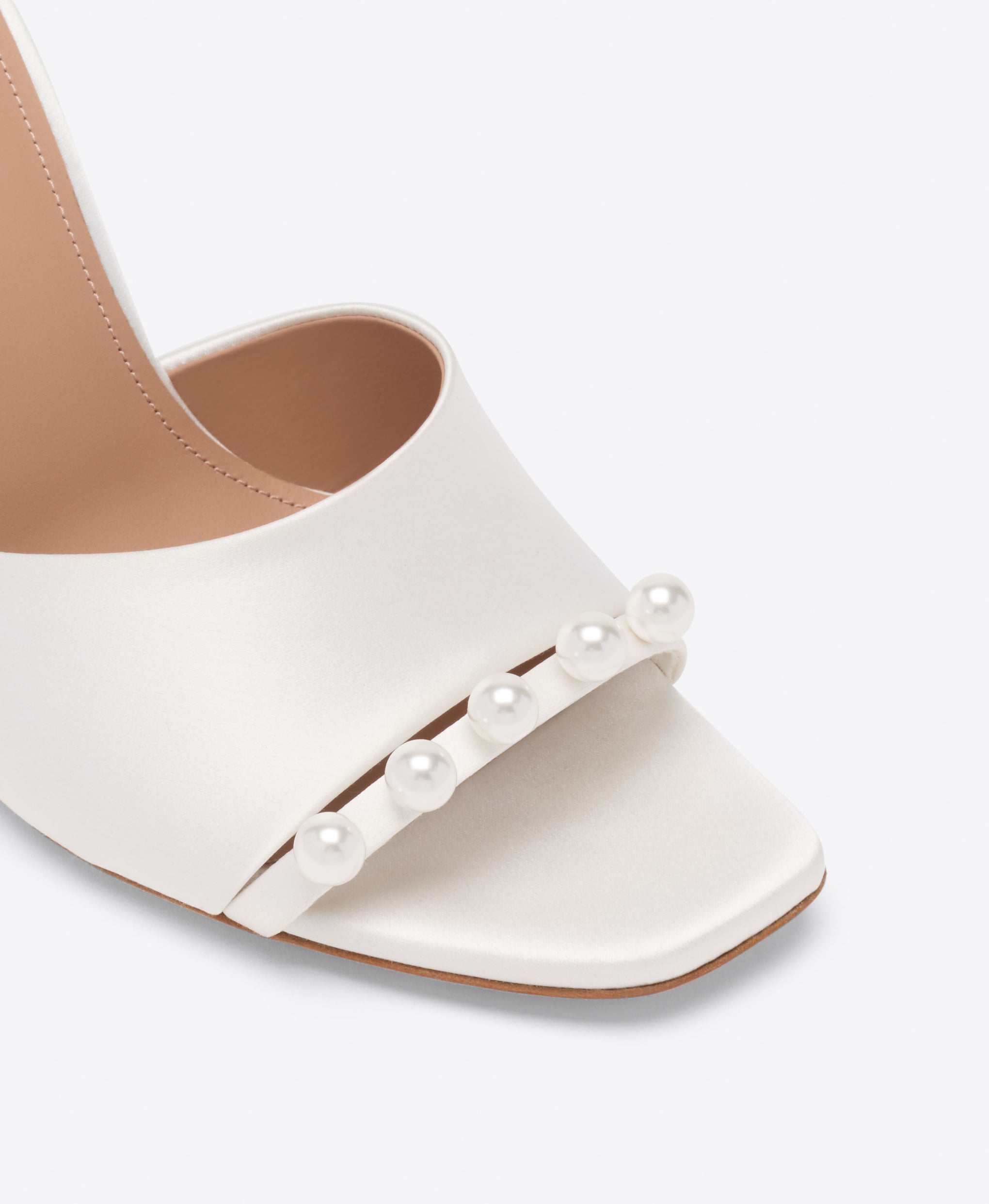 Malone Souliers Bridal Roxanne 90 White Satin Sandals with Pearl Embellishments